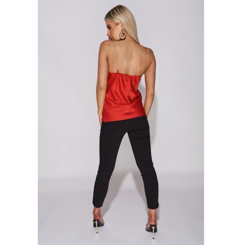 Red Satin Silk Sleeveless Chain Strap Cowl Neck Top Blouse - Picture 4 of 11